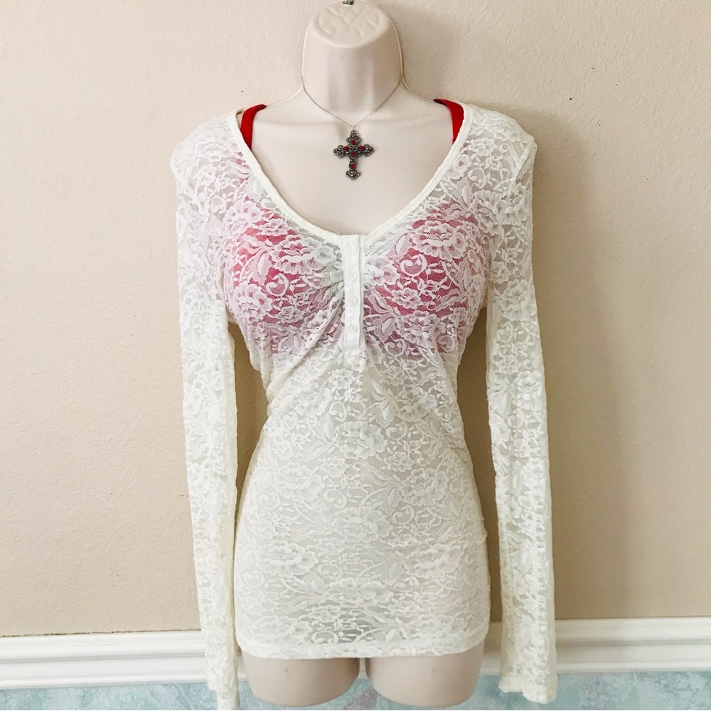 Sexy Y2K Style Coquette Fairy Goth White Sheer Lace Long Sleeve V-neck Top Large